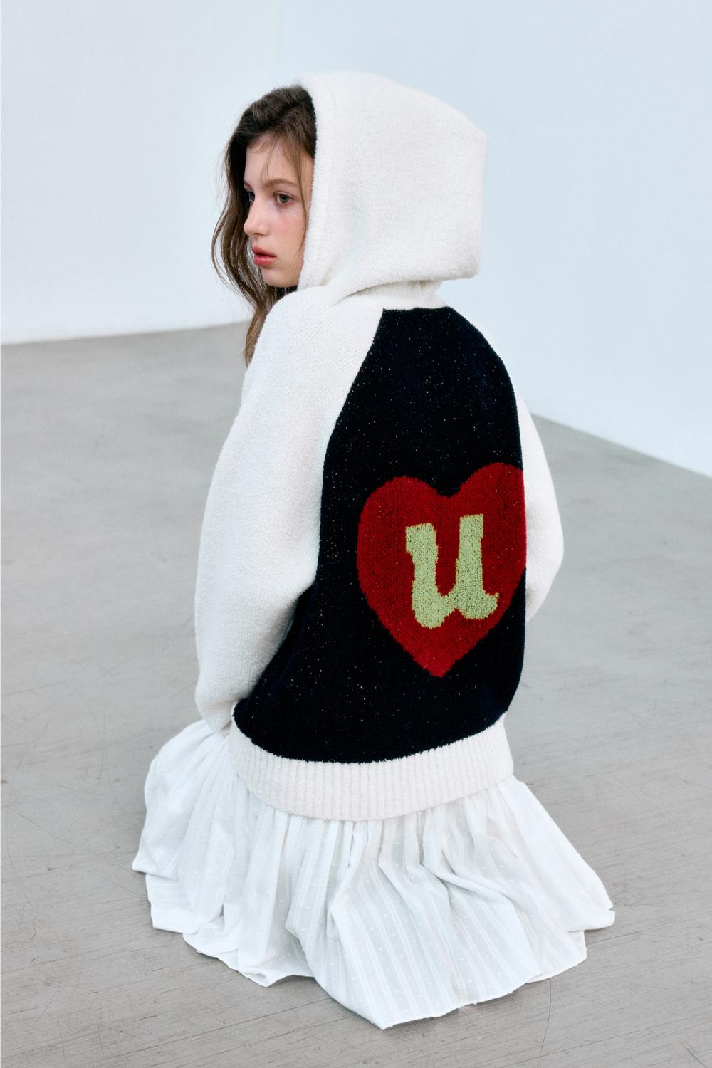 HEART U RAGLAN HOODIE KNIT CARDIGAN (NAVY)