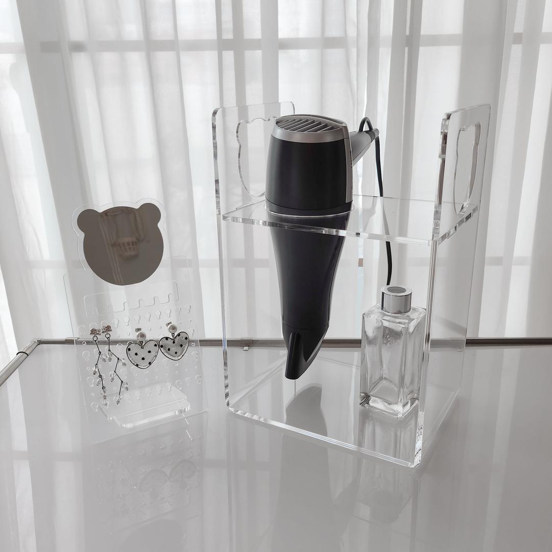 곰돌이 투명 아크릴 드라이기거치대 고데기 드라이기 걸이 정리함 화장대선반 수납 2단 선반