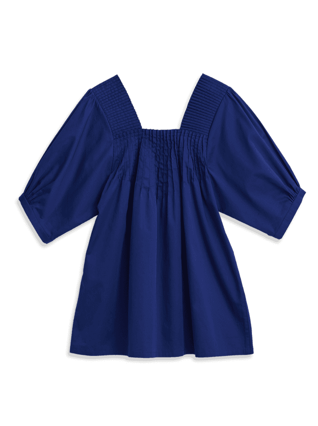 PLEATED NECK HALF SLEEVE BLOUSE (BLUE)