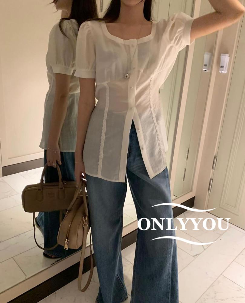 포스터 캐롯블라우스 레이스 퍼프셔링 하객룩 출근룩 데일리