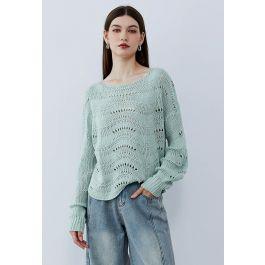 Wavy Line Openwork Knit Sweater in Mint