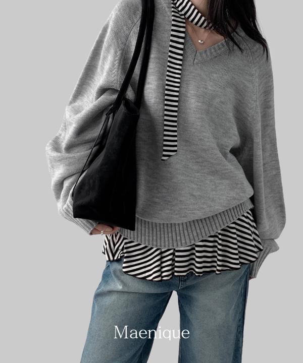 매니크 [🌿봄신상/MNQ] 로니아 베이직 오버핏 브이넥 니트 (UNIESEX)