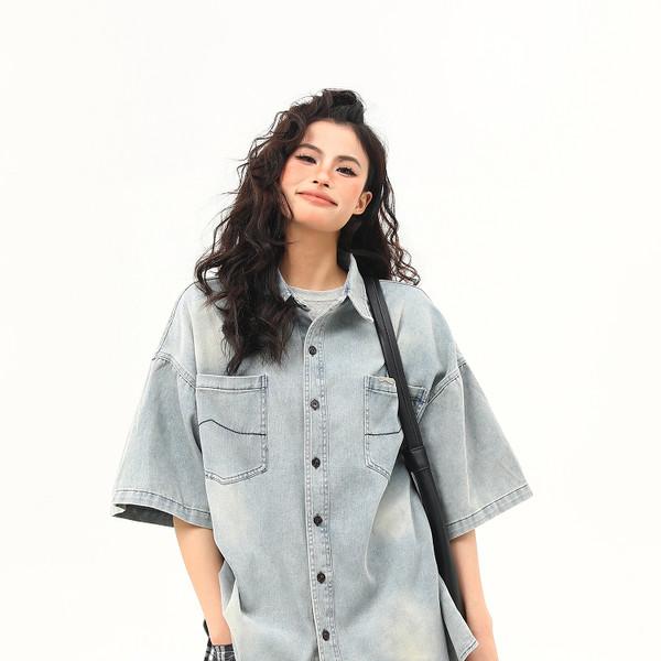 retro washed denim short-sleeved shirt