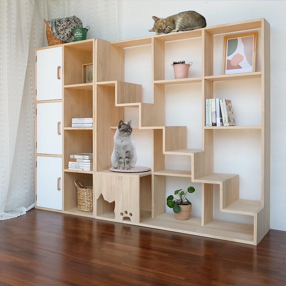 고양이서가 집사5호 뚱냥이 먼치킨 원목 책장 캣타워 고양이 계단 선반 캣워커