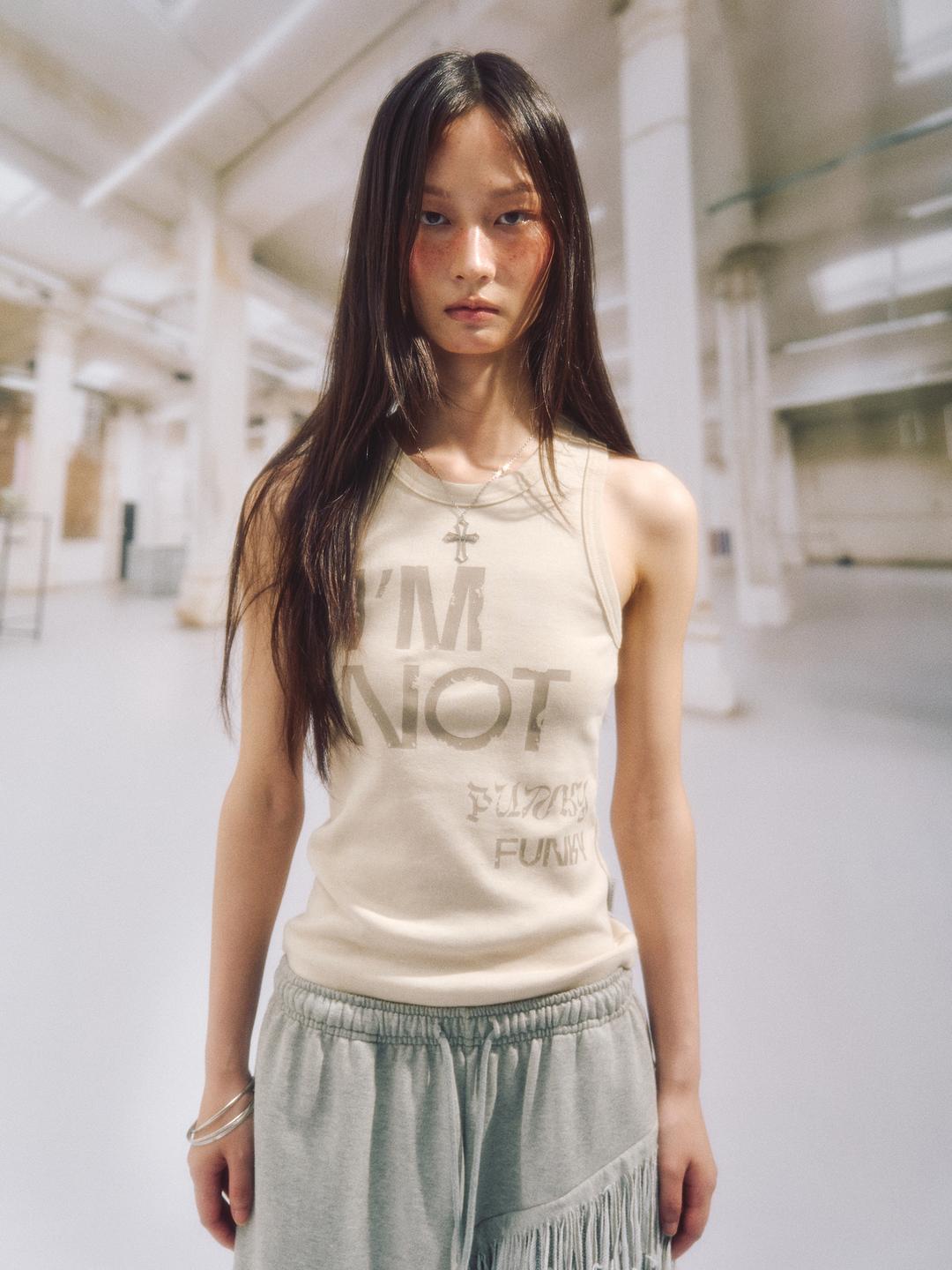 PUNKY SLOGAN RIBBED TANK TOP_CREAM
