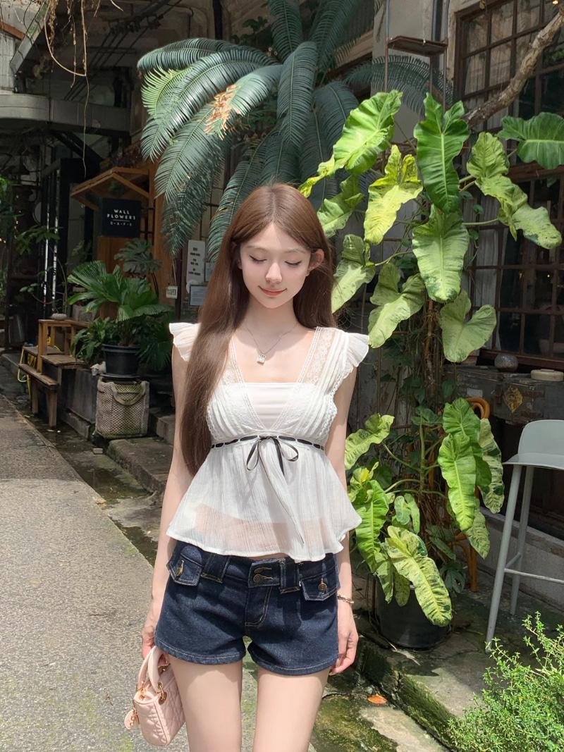 Lace Fluttering Black Ribbon V-neck Chiffon Blouse