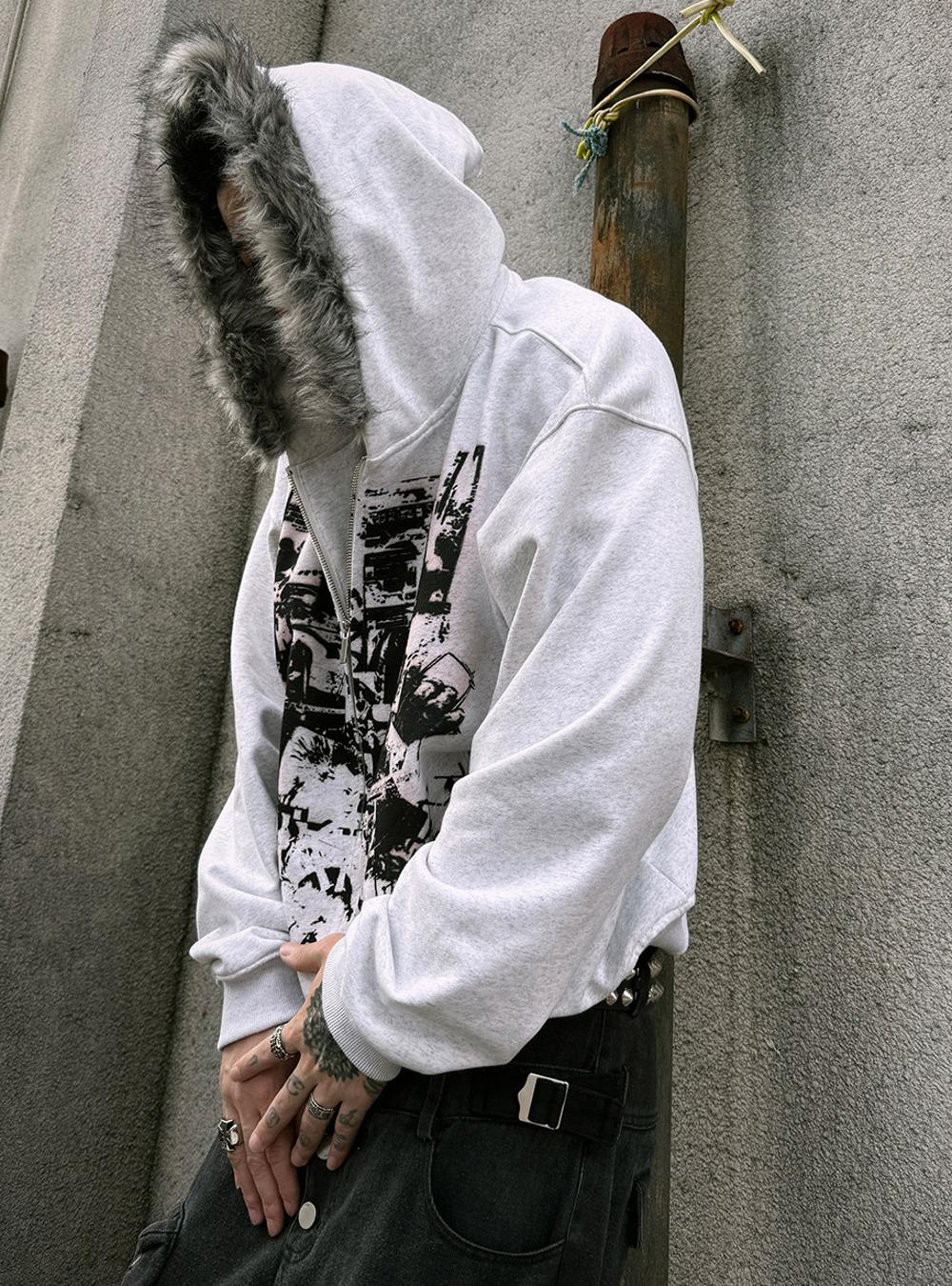 [PAIKI] Vintage Printed Fur Hooded Zip-up Hoodie (2color)