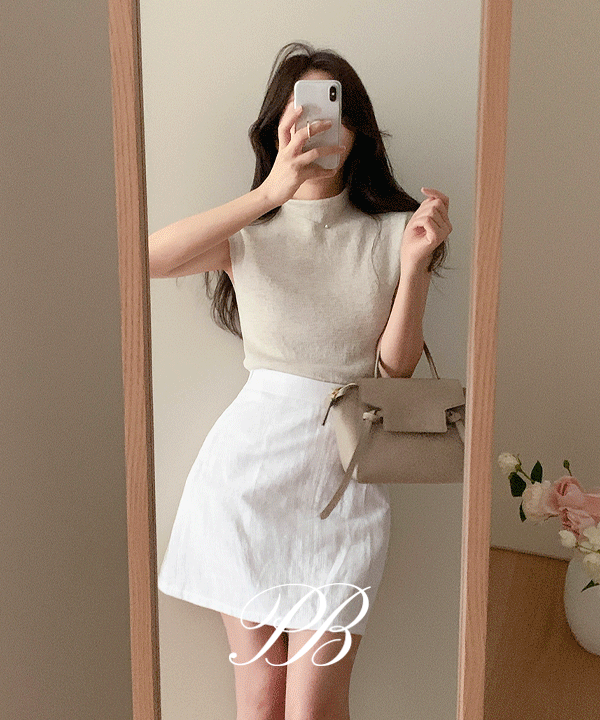 퍼빗 플렛 하프넥 슬리브리스 캡소매 반팔 니트 탑 - 5color