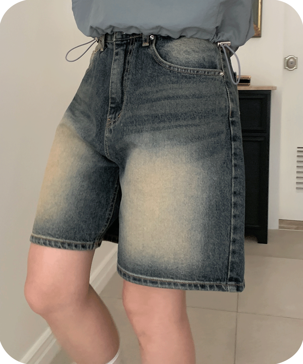 프런티 워싱 와이드 데님 5부 팬츠 / 딥블루ver. - 1color