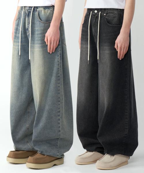 빈티지 프론트 워싱 와이드 벌룬 데님 팬츠 4Color