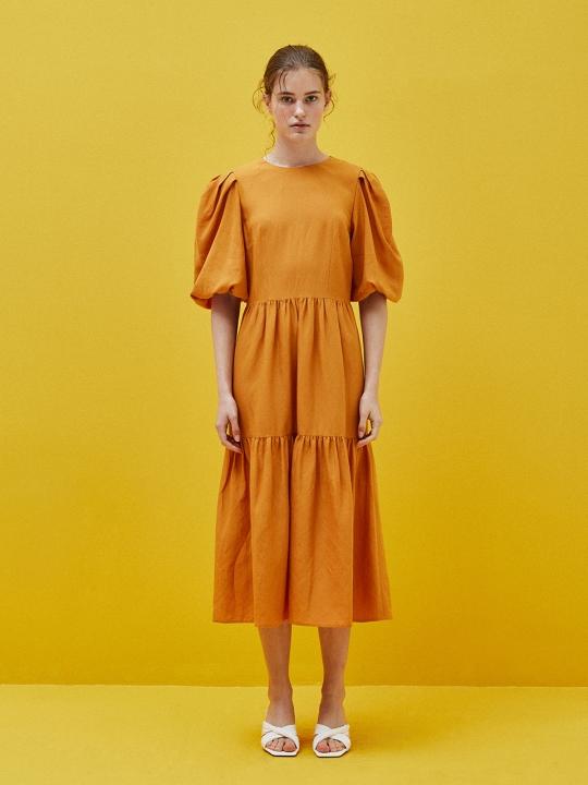 Linen Balloon Dress in Tangerine