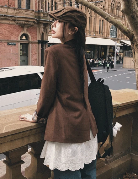 [자체제작/스웨이드/간절기🤎]  @vinvle made, 멜리바 체크 배색 스웨이드 자켓