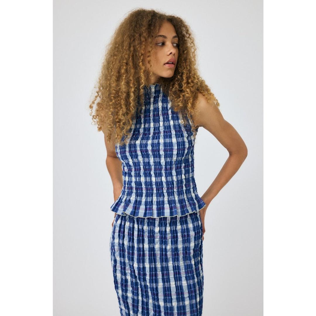 SHIRRING SLEEVELESS トップス 柄BLU5