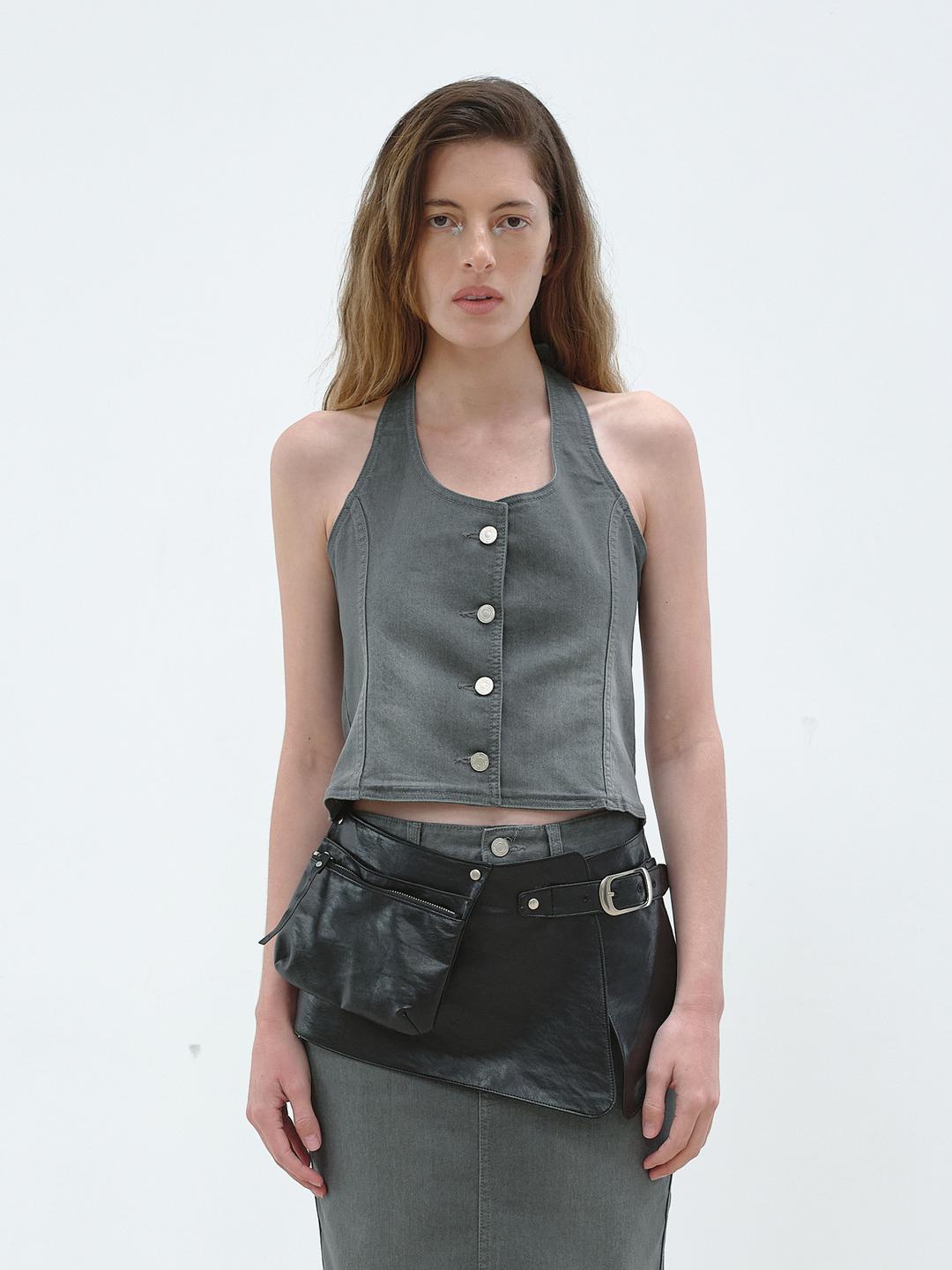HALTER NECK DENIM VEST - GRAY