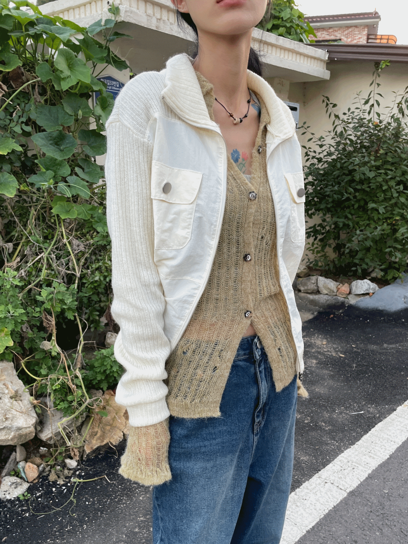 mix knit jacket (ivory/black)