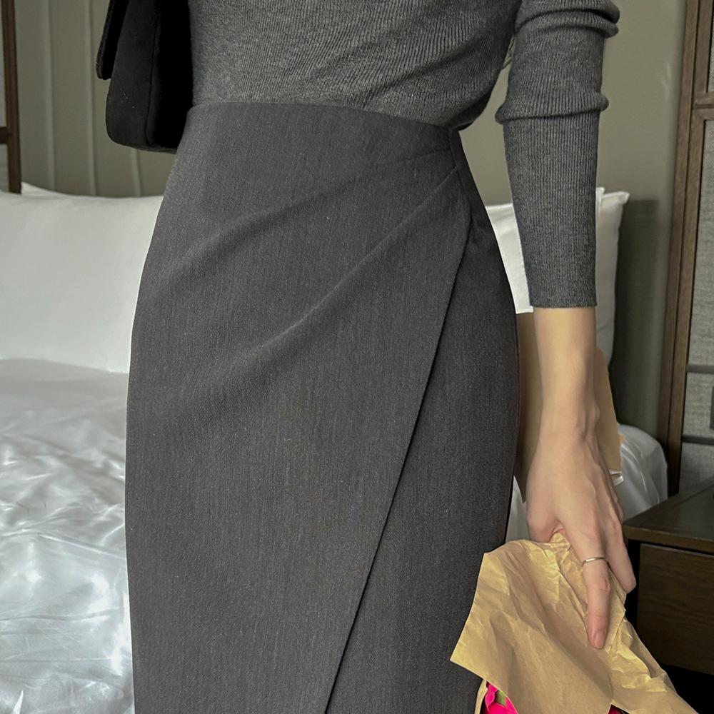 셔링 랩스타일 H라인 롱 스커트