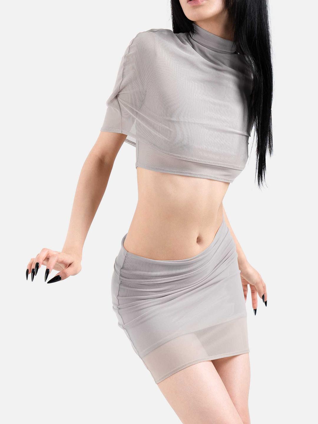 메쉬 하이넥 케이프 탑 (라이트 그레이)