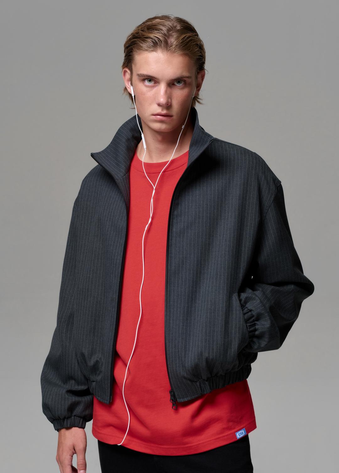 UNISEX PINSTRIPE HIGHNECK ZIP-UP BLOUSON - CHARCOAL GRAY