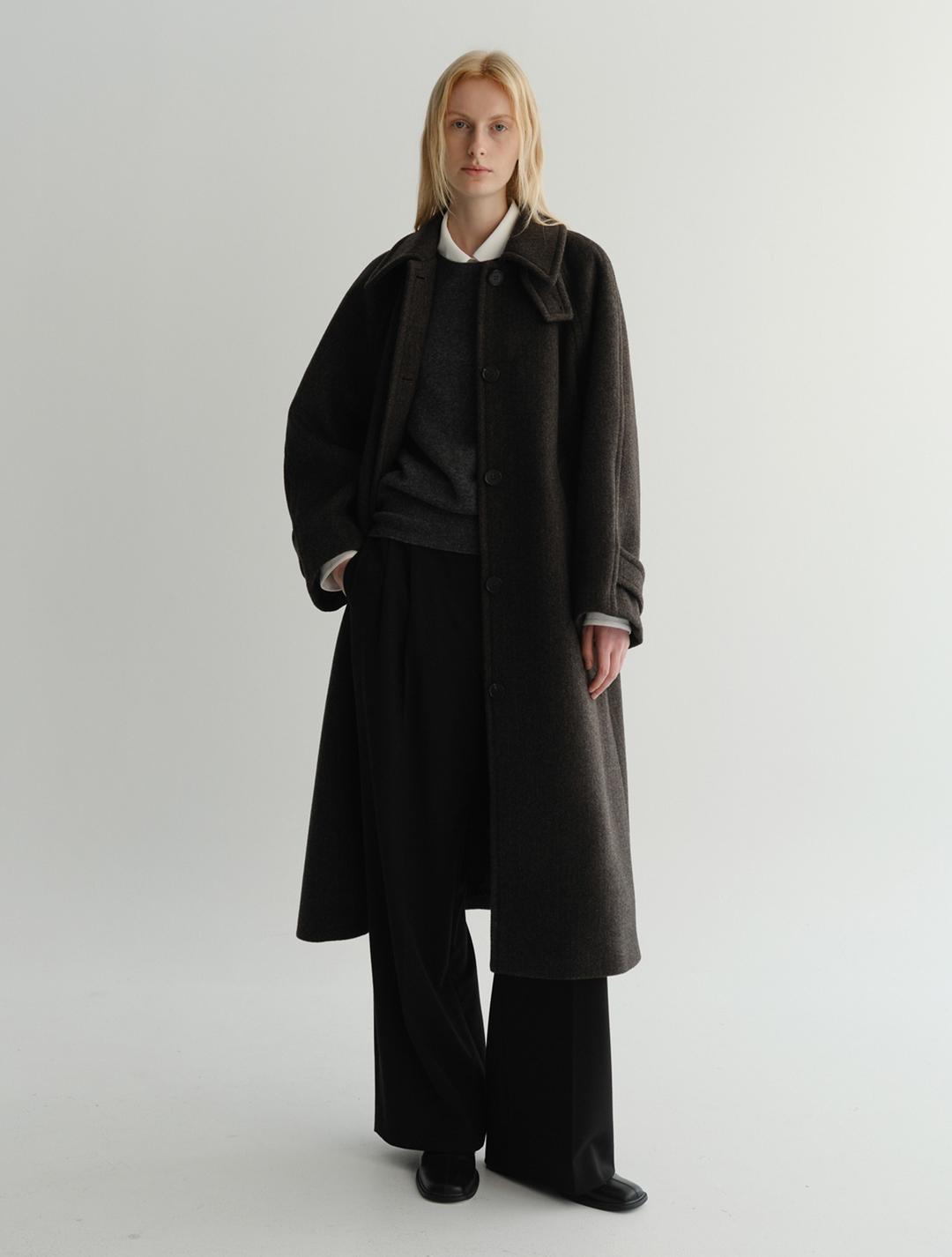 Wool Balmacaan Coat (Dark Brown Herringbone)