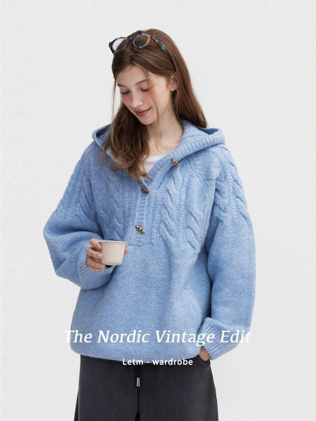 [Letm] Nordic Cable Knit Hooded Sweater