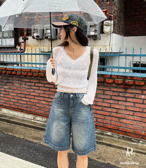 더블콩 디기 라인 데님 하프 팬츠