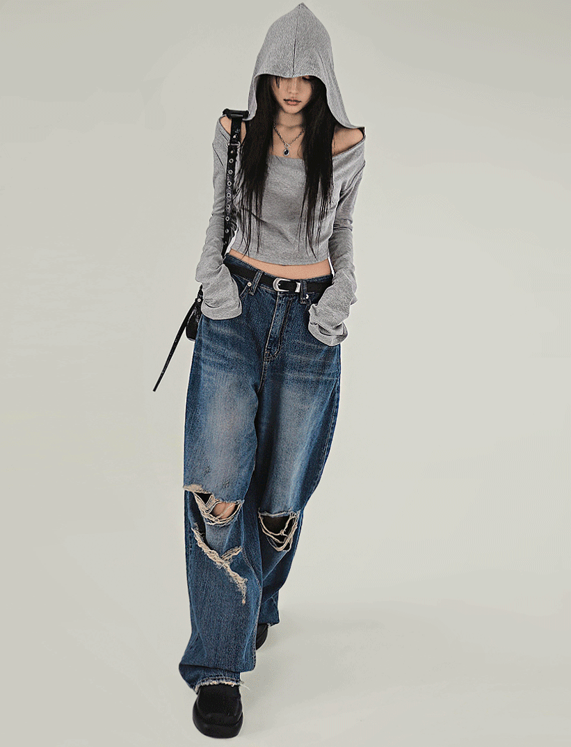 [M/5월말입고] JEAN TONE VINTAGE DAMAGE WASHING DARK JEANS WIDE DENIM 진톤 빈티지 데미지 워싱 진청바지 와이드데님