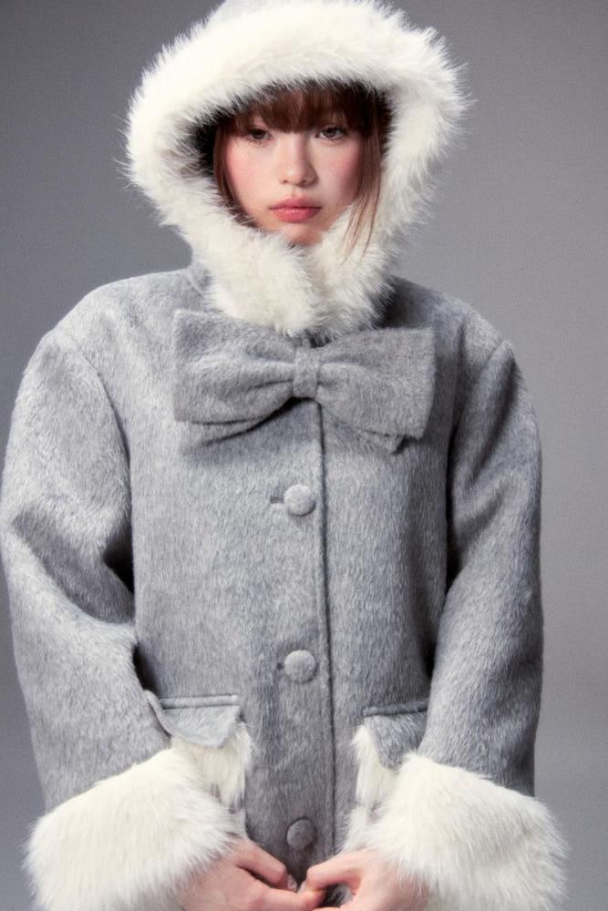 Lost Forest ribbon grey wool fur long coat 롱 코트