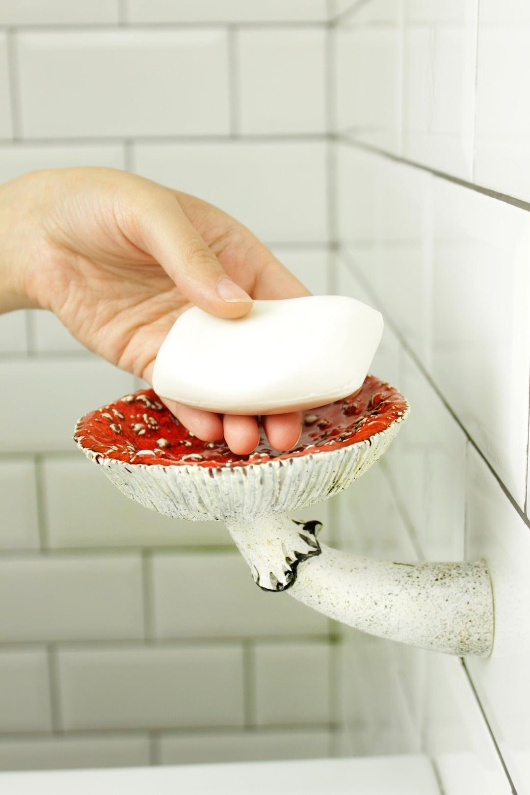 Mushroom Soap dish, Towel hook, Mushroom decor, Floating Bathroom shelves, Shower soap dish, Bathroom accessories, Amanita sponge holder