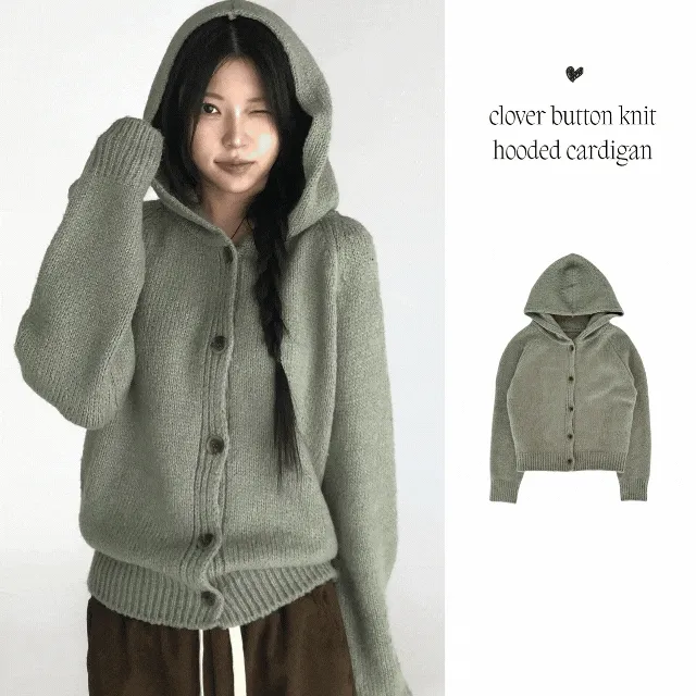 [빈티지겨울🤎] 클로버 버튼 니트 후드 가디건
