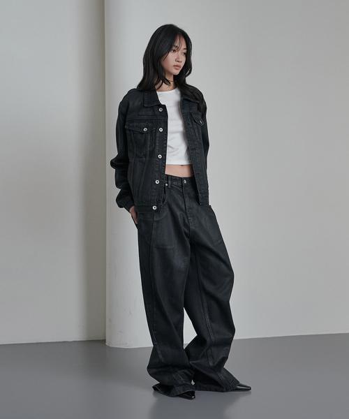 Aslant Denim Coating Pants Black
