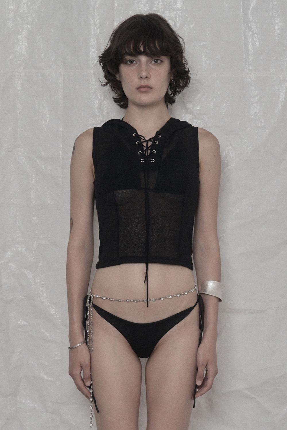 SEE-THROUGH EYELET SLEEVELESS HOODED SET BLACK