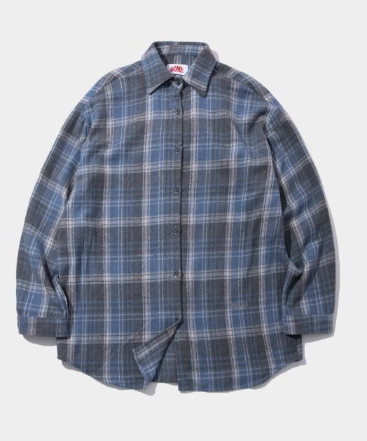 데일리 박스 체크 패턴 카라 오버핏 긴팔 코튼 셔츠 [블루]