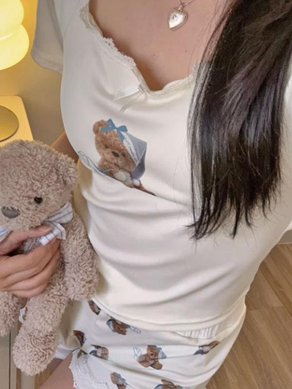 [캡내장]  테디슬립 반팔 상하세트 파자마 잠옷