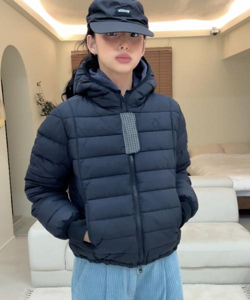 후드 체크 라이트 푸퍼 자켓-블랙