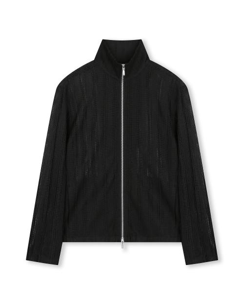 SEE-THROUGH JACQUARD HIGH NECK ZIP-UP BLACK