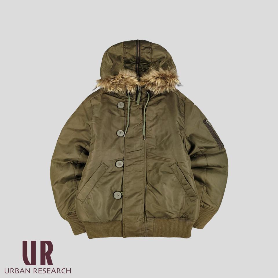 어반리서치 카키브라운 히든지퍼 빅버튼 시가포켓 반광 페이크퍼 나일론100 패디드 패딩 바람막이 점퍼 S