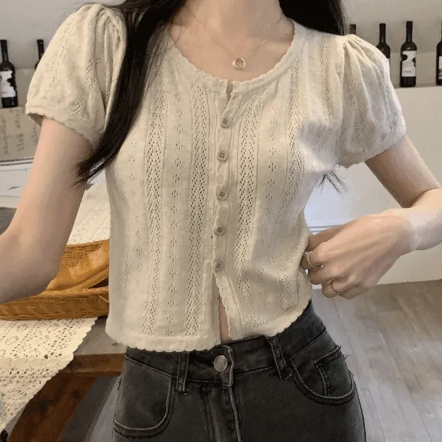 프릴 빈티지 펀칭 크롭 반소매 여름 가디건 이거자나 [5Color]