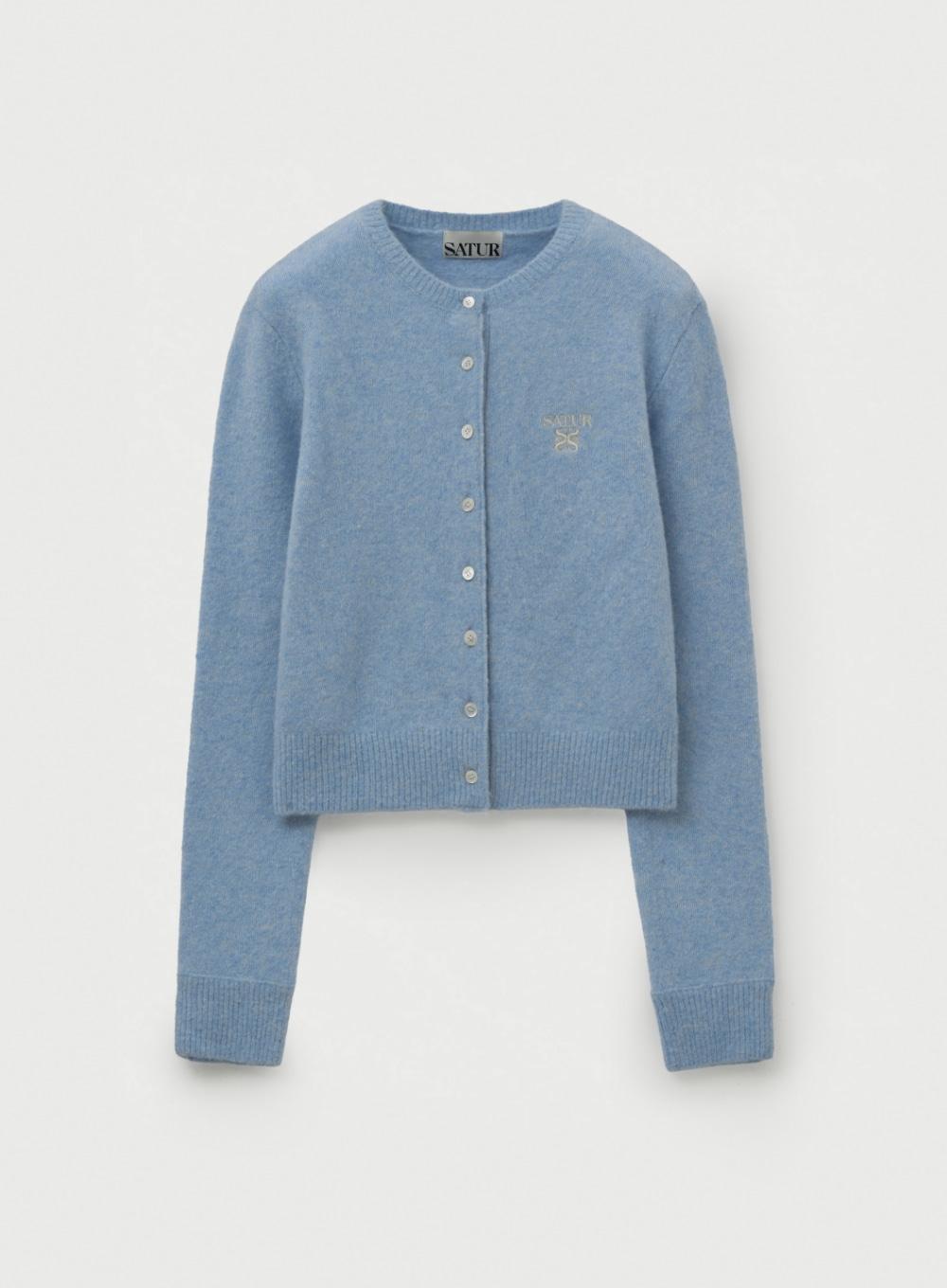 (W) Loren Wool Blend Crew Neck Knit Cardigan - Sky Blue