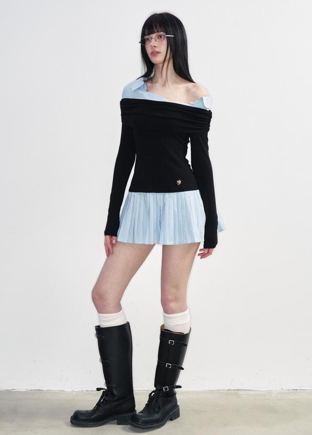 NS76 Shirt Layer Sweater Pleats Dress (2color)