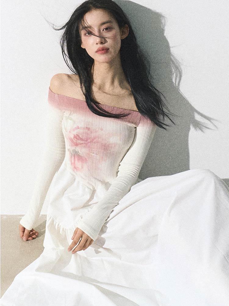 [OAK MOO]  "Foggy Lake\" Gradation Flower Maxi Dress