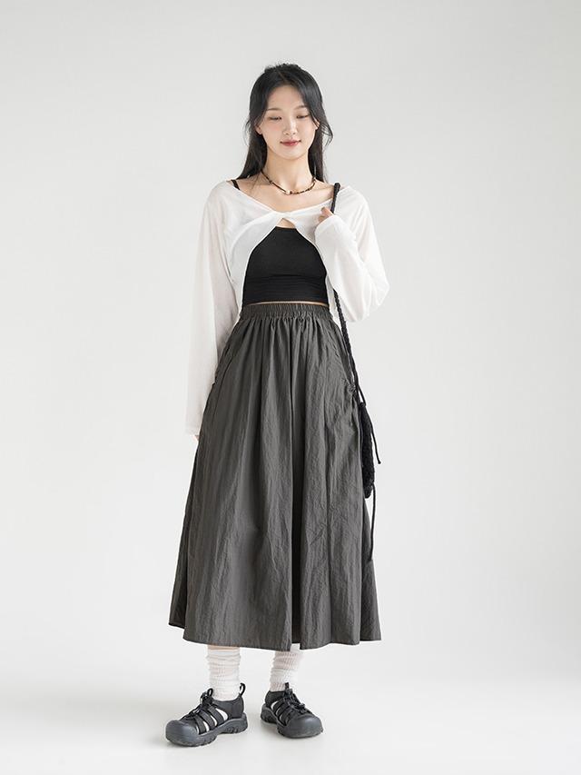 당당걸 S-XL 스모테 바스락 포켓 스트링 밴딩 플레어 롱 스커트