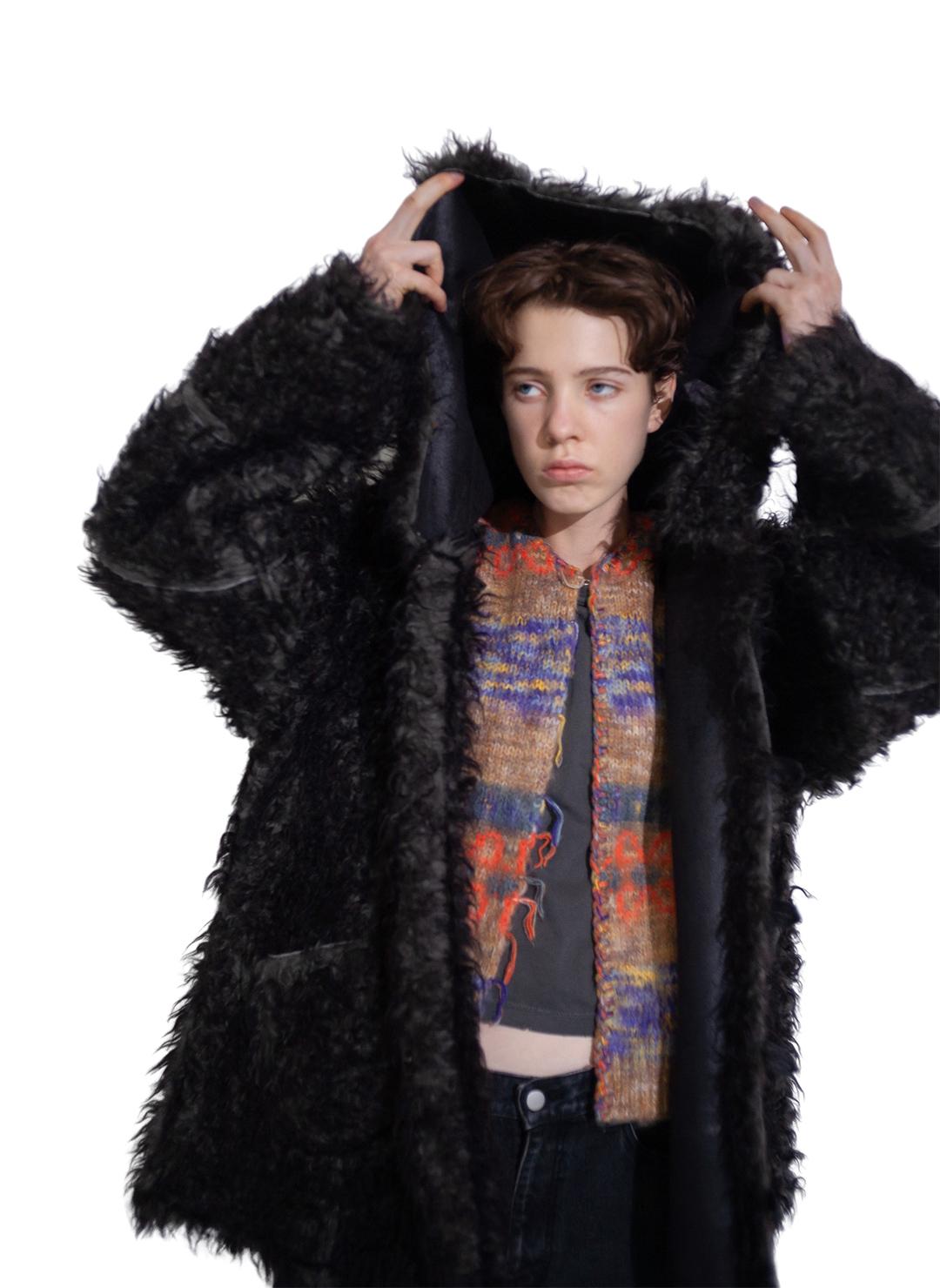 Vegan-Leather Hoodie Teddy Coat /