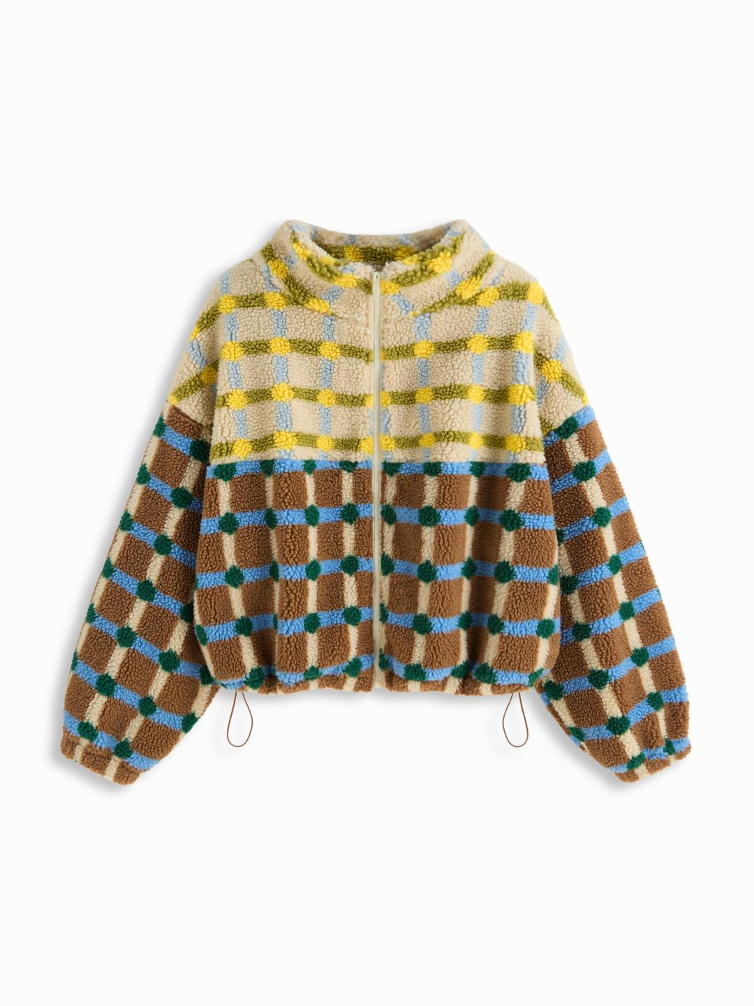 Fleece High Neck Two Tone Checks Drawstring Oversized Jacket Curve & Plus