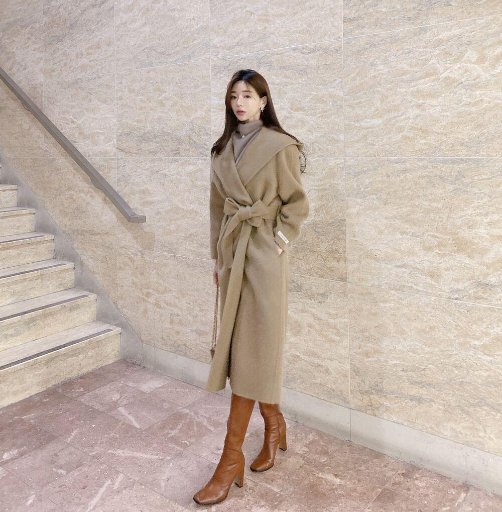 당일출고 3color 후드 숄 카라 벨트 로브 알파카 캐시미어 핸드메이드 울 롱 코트