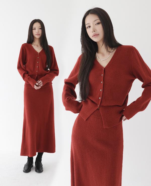 르베네 루크 브이넥 니트 가디건 롱스커트 셋업 (3color)