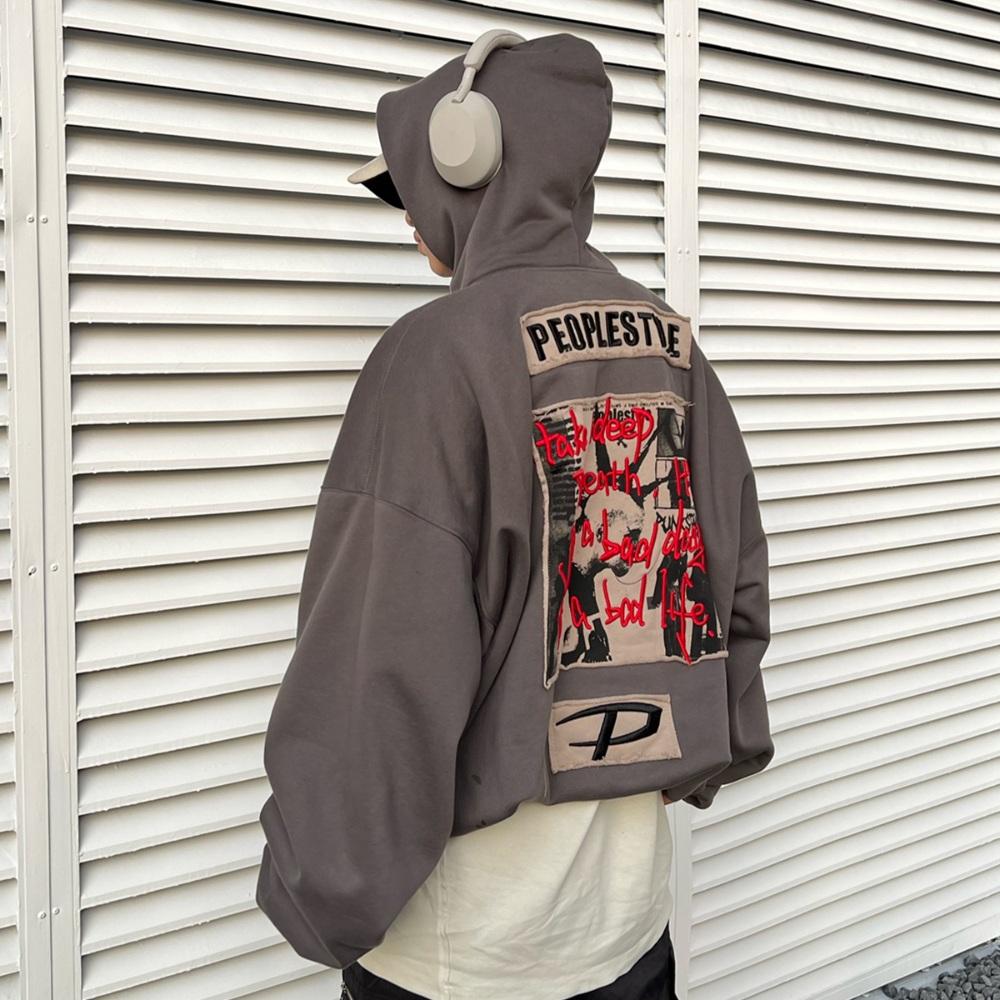 PEOPLESTYLE 오버핏 시보리 자수 후드티 남녀공용 그레이 후디