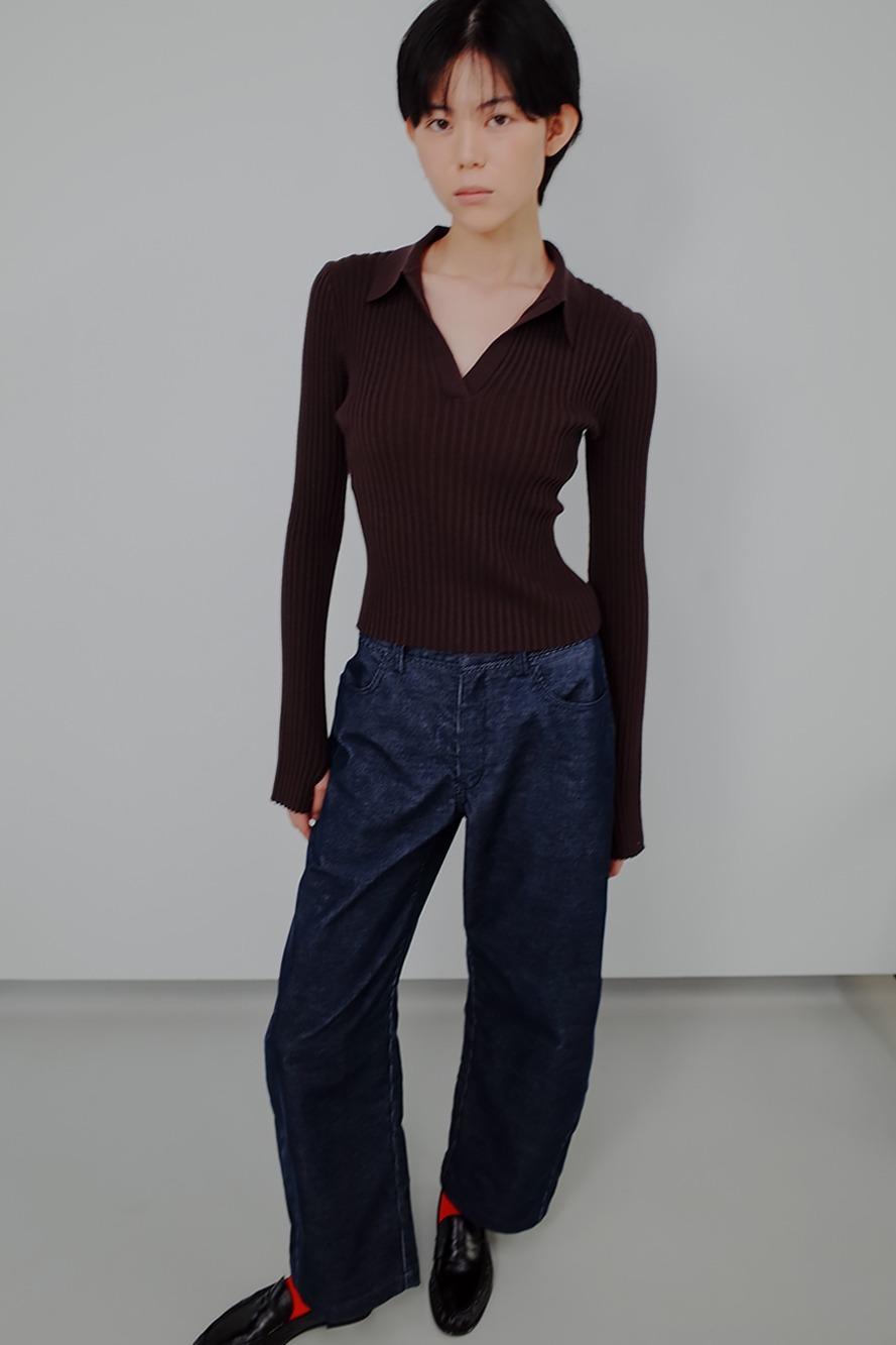 Brown Ribbed Collared Knit