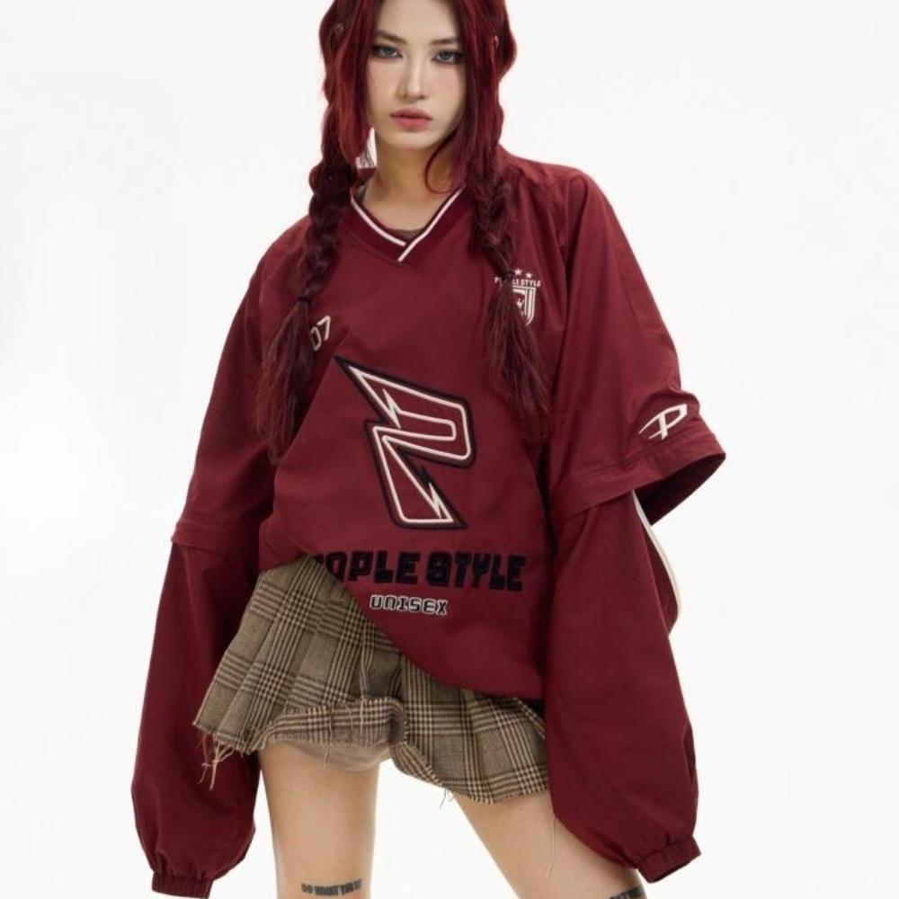 PEOPLESTYLE 브이넥 럭비 티셔츠 탈착식 반팔 맨투맨