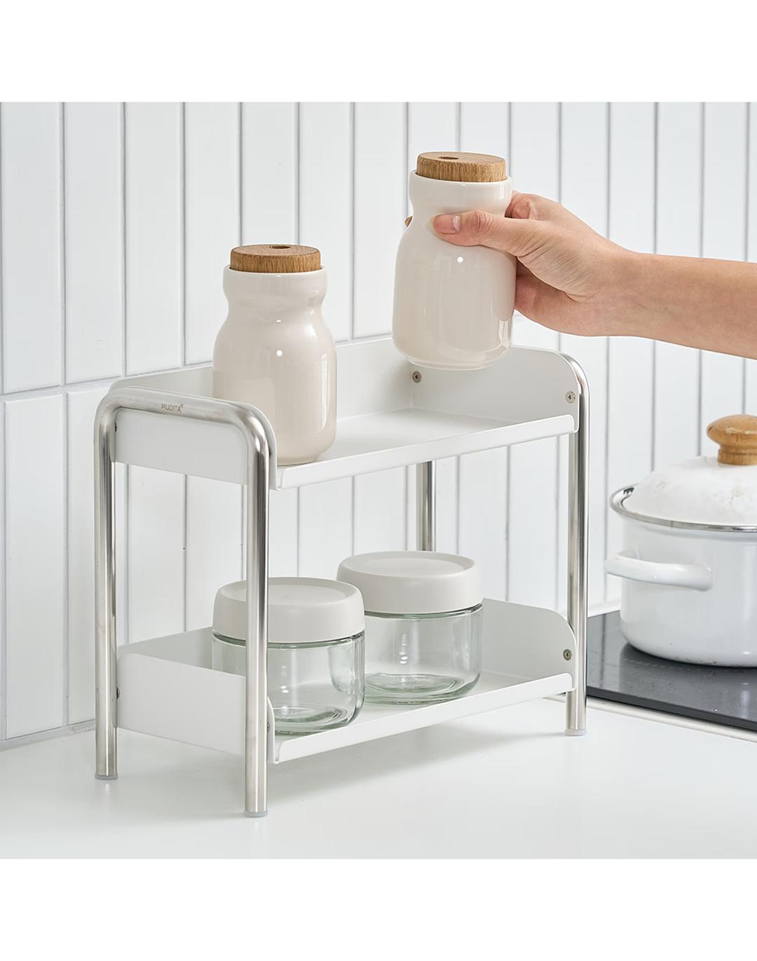 무디타 비화이트 2단 철제 정리 선반 / 홈카페 영양제 양념통 틈새 정리함