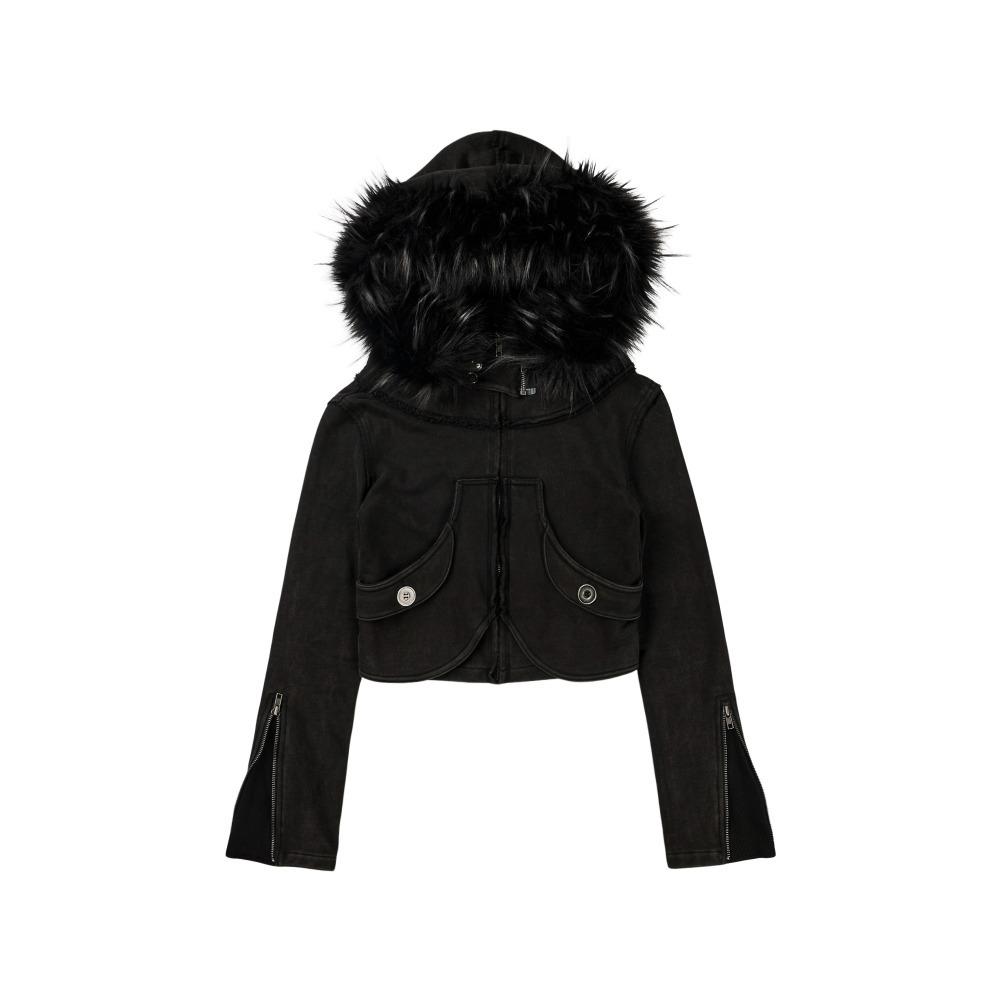 Distressed Seam Fur Hood Zip-Up (Washed Black)